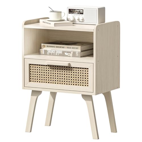 LELELINKY Nachttisch Rattan Modern, Kleiner Beistelltisch Holz mit Schublade und Offenem Regal, Nachttische hat Tischbeine aus Massivholz für Wohnzimmer Sofatisch, Schlafzimmer Nachtkommode, Hellgrau von LELELINKY