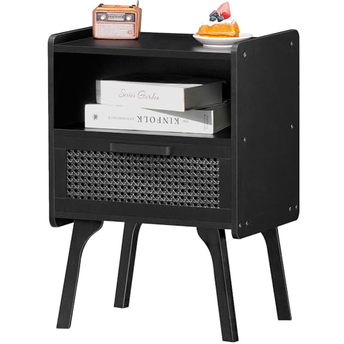 LELELINKY Nachttisch Rattan, Kleiner Beistelltisch Weiß Holz mit Schublade und Offenem Regal, Nachttische hat Tischbeine aus Massivholz für Wohnzimmer Sofatisch, Schlafzimmer Nachtkommode, Schwarz von LELELINKY