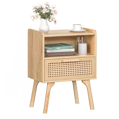 LELELINKY Nachttisch Rattan Boho, Kleiner Beistelltisch Holz mit Schublade und Offenem Regal, Nachttische hat Tischbeine aus Massivholz für Wohnzimmer Sofatisch, Schlafzimmer Nachtkommode LELELINKY Nachttisch Rattan Boho, Kleiner Beistelltisch Holz mit Schublade und Offenem Regal, Nachttische hat Tischbeine aus Massivholz für Wohnzimmer Sofatisch, Schlafzimmer Nachtkommode von LELELINKY