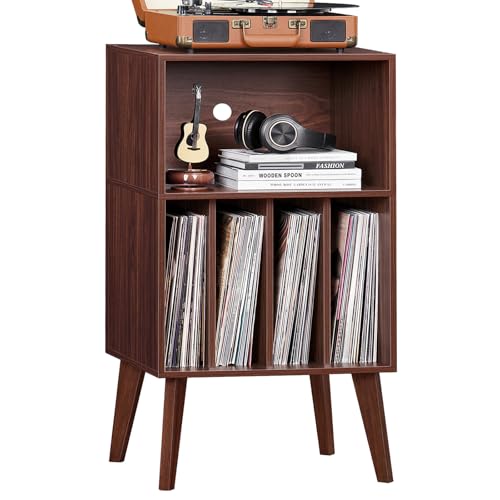 LELELINKY Plattenspieler-Ständer, Plattenspieler-Ständer bietet Platz für bis zu 160 Alben, Mid-Century Vinyl-Aufbewahrungshalter Tisch mit Holzbeinen,Walnuss von LELELINKY