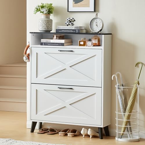 LELELINKY Schuhschrank mit 2 Klapp-Schubladen – Landhaus weiß Schuhorganizer für Flur – Schmaler Schuhregal mit Beinen & offen Fächern – Freistehender Schuhschrank für Diele, Flur,80x24x113cm von LELELINKY