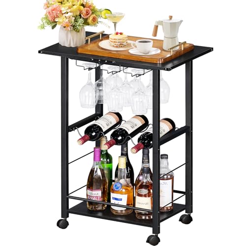 LELELELINKY Servierwagen, Bar Weinwagen mit Weingläser, Flaschenregal, Küchenwagen mit Rollen, Schwarz Industrie-Design Servierwagen mit Rollen, Geeignet für Esszimmer, Küche, Bar, Party, Wohnzimmer von LELELINKY