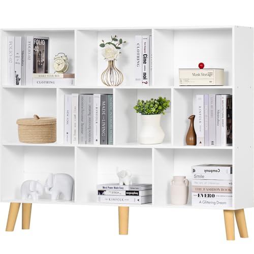 LELELINKY Würfel Bücherregal 3 Etagen Mid-Century Bücherregal mit Beinen,mit 10 Fächern, Holzbücherregale Organizer Aufbewahrungsregal, Freistehende Moderne offene Bücherregale für Wohnzimmer, Weißes von LELELINKY