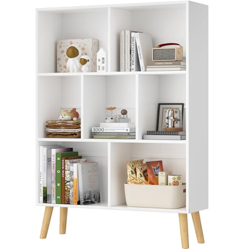 Würfel Bücherregal 3 Etagen Mid-Century Bücherregal mit Beinen, Retro-Holzbücherregale Organizer Aufbewahrungsregal, Freistehende moderne offene Bücherregale für Schlafzimmer, Wohnzimmer, Weißes von LELELINKY