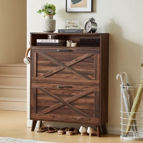 LELELINKY Schuhschrank mit 2 Klapp-Schubladen – Landhaus Braun Schuhorganizer für Flur – Schmaler Schuhregal mit Beinen & offen Fächern – Freistehender Schuhschrank für Diele, Flur,der Tür 80x24x113cm von LELELINKY