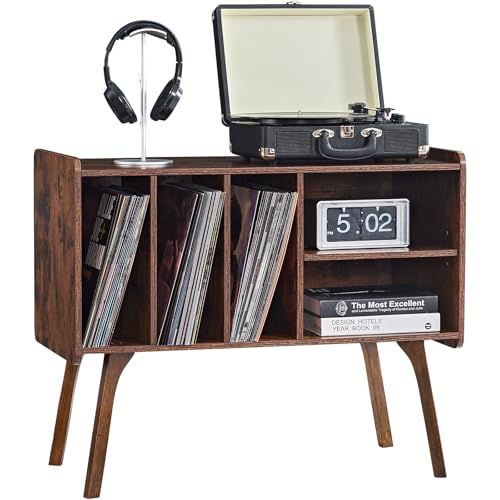 Plattenspieler-Ständer mit 4 Schränken, für bis zu 220 Alben, großer Plattenspieler-Ständer mit Holzbeinen, Vinyl-Halterung für Wohnzimmer, Schlafzimmer, Braun von LELELINKY