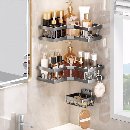 LELEWANGLUO 3 Stück Duschablage ohne Bohren, Selbstklebend Eckregal Duschregal mit Haken, Badezimmer Regal Shampoo Halterung für Dusche Duschkorb Dusche Halterung Badezimmer Organizer(Grau) von lelewangluo