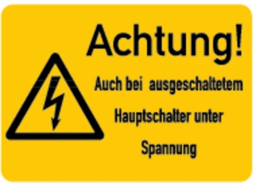 LEMAX® Aufkleber Warnschild, Auch bei ausgeschaltetem Hauptschalter unter Spannung, ISO 7010 Folie selbstklebend 52x37mm von LEMAX