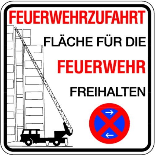 LEMAX® Hinweisschild Feuerwehrzufahrt, Feuerwehrzufahrt Fläche freihalten Alu 2 mm weiß/schwarz/Randfarbe: rot 500x500mm von LEMAX