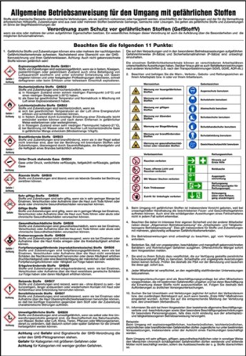 LEMAX® Betriebsanweisung, Umgang mit gefährlichen Stoffen - GHS/ISO 7010 Piktogramme Kunststoff weiß/Schriftfarbe: schwarz 410x595mm von LEMAX
