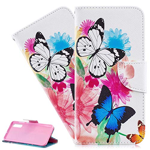 LEMAXELERS Galaxy A21 Hülle,Samsung Galaxy A21 Hülle Handyhülle Leder Bunte Schmetterling Flip PU Leder Cover Magnet Schutzhülle Ständer Handytasche für Samsung Galaxy A21,BF Blue White Butterfly von LEMAXELERS