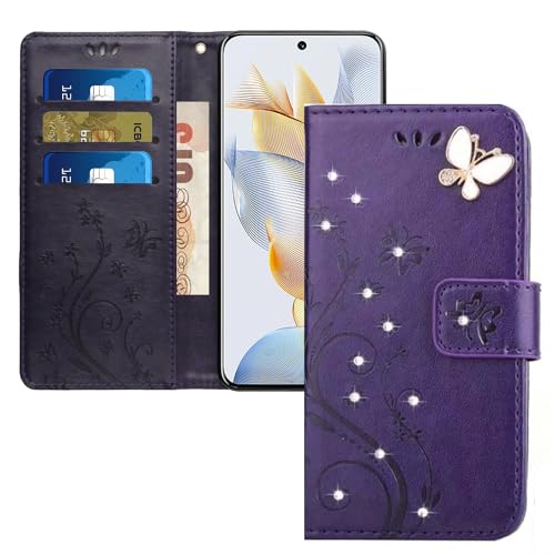 LEMAXELERS Galaxy A55 5G Hülle, Für Samsung Galaxy A55 5G Handyhülle Glitzer Diamant Schmetterling Blumen Prägung Flip Case PU Leder Cover Magnet Schutzhülle Handytasche für Samsung A55 5G,GH D Purple von LEMAXELERS