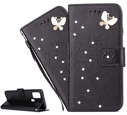 LEMAXELERS Galaxy S10e Hülle,Für Samsung Galaxy S10e Handyhülle Glitzer Diamant Schmetterling Blumen Prägung Flip Case PU Leder Cover Magnet Schutzhülle Handytasche für Samsung Galaxy S10e,GH Black von LEMAXELERS