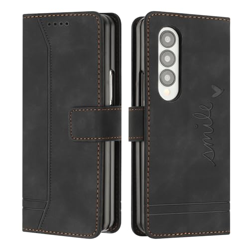 LEMAXELERS Galaxy Z Fold 3 Hülle, Samsung Galaxy Z Fold 3 Handyhülle Süßes Lächeln Retro PU Leder Mädchen Flip Case Cover Magnet Schutzhülle Ständer Handytasche für Galaxy Z Fold 3, HX Smile Black von LEMAXELERS