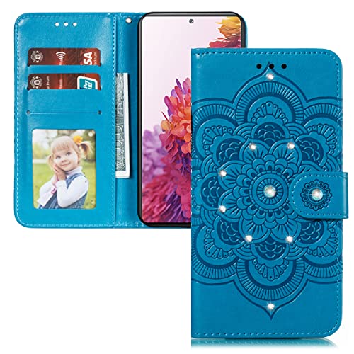 LEMAXELERS Motorola Moto E7 Power Hülle,Moto E7 Power Handyhülle Glitzer Diamante Mandala-Blumen Geprägt Mädchen Flip Case PU Leder Cover Magnet Schutzhülle Handytasche für Moto E7 Power,LD DZ Blue von LEMAXELERS