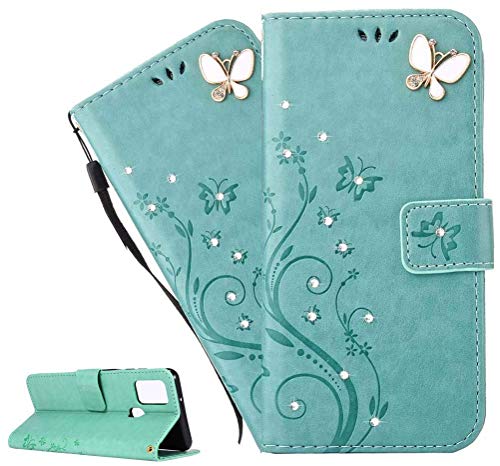 LEMAXELERS Redmi Note 8T Hülle,Für Redmi Note 8T Handyhülle Glitzer Diamant Schmetterling Blumen Prägung Flip Case PU Leder Cover Magnet Schutzhülle Handytasche für Redmi Note 8T,GH Green von LEMAXELERS
