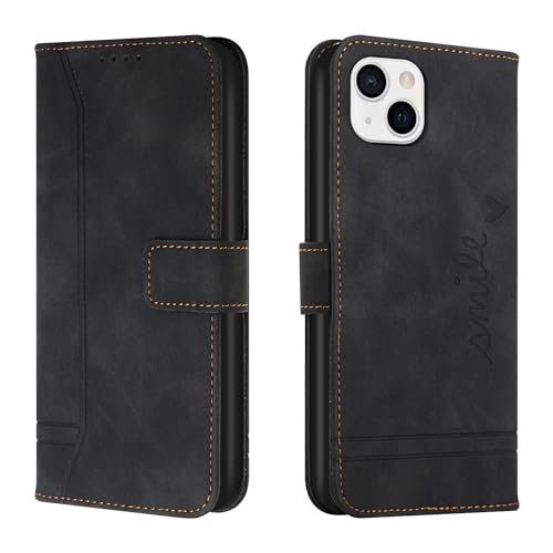 LEMAXELERS iPhone 15 6.1" Hülle, iPhone 15 Handyhülle Süßes Lächeln Retro PU Leder Mädchen Flip Case Cover Magnet Schutzhülle Ständer Handytasche für iPhone 15, HX Smile Black von LEMAXELERS