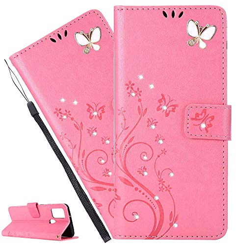 LEMAXELERS iPhone SE 2020 / iPhone 8/7 Hülle,Für iPhone SE 2020 Handyhülle Glitzer Diamant Schmetterling Blumen Prägung Flip Case PU Leder Cover Schutzhülle Handytasche für iPhone SE 2020,GH Pink von LEMAXELERS