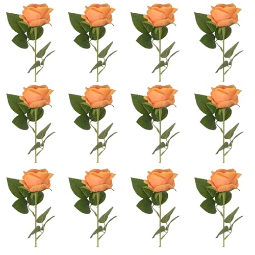 12 Stück Künstliche Blumen, Rosen, Seidenrosen mit Langen Stielen, Realistischer Künstlicher Rosenstrauß für Hochzeitssträuße, Tischdekoration, Party, Heimdekoration(Orange) von LEMCC