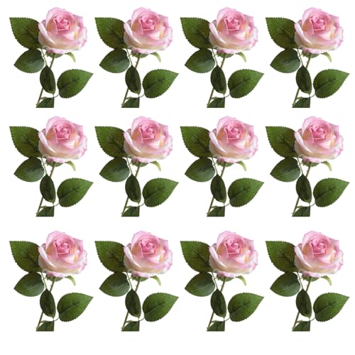 12 Stück Künstliche Blumen, Rosen, Seidenrosen mit Langen Stielen, Realistischer Künstlicher Rosenstrauß für Hochzeitssträuße, Tischdekoration, Party, Heimdekoration(Rosenrot) von LEMCC