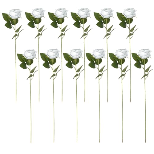 12 Stück Künstliche Blumen, Rosen, Seidenrosen mit Langen Stielen, Realistischer Künstlicher Rosenstrauß für Hochzeitssträuße, Tischdekoration, Party, Heimdekoration(Weiß) von LEMCC