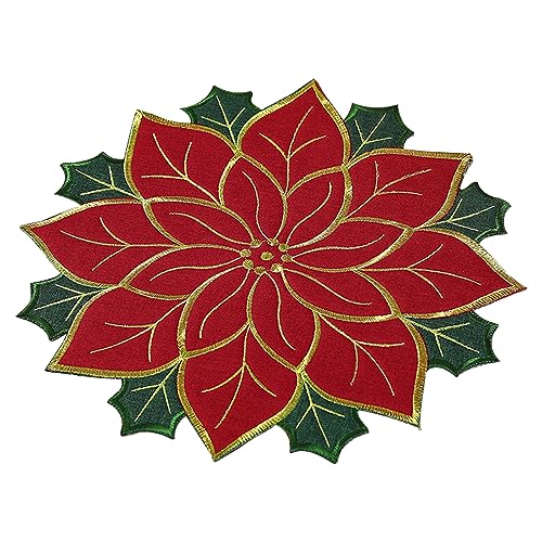 LEMCC 15,7 Zoll Große Weihnachtliche Runde Tischsets, Besticktes Weihnachtsstern-Tischset in Rot und Grün, Weihnachtstischsets mit Grünen Blättern, Tischläufer mit Weihnachtsapplikationen für Den(A) von LEMCC