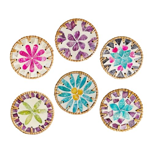 4-Zoll-Muscheluntersetzer 6er-Set, Perlmutt-Untersetzer aus Rattan, Runde Rattan-Untersetzer, Boho-Rattan-Untersetzer, Runder Strohuntersetzer, Dekorative Bunte Boho-Untersetzer für(Rosa+Lila) von LEMCC