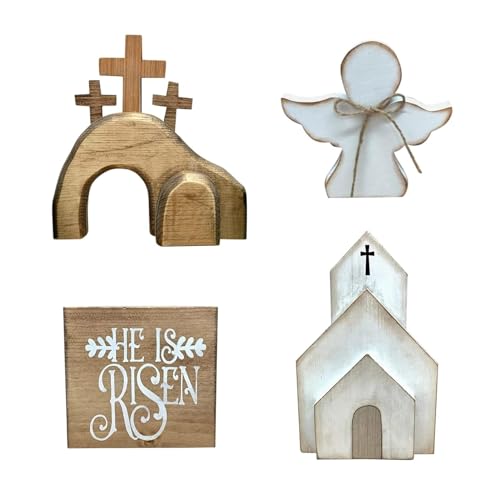 4-teiliges Jesus-Grab-Ostertablett-Bundle-Set, Mehrstufiges Ostertablett-Dekor, Er Ist Auferstandenes Dekor, Christliche Ostern-Jesus-religiöse Holzschilder, Krippen-Christus-Statue für die Tischdekor von LEMCC