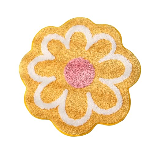 Blumenförmiger Teppich, Niedlicher Gänseblümchen-Teppich, Blumen-Badezimmerteppich, Runder Teppich, Rutschfeste Wasserabsorbierende Badezimmermatte, Weiche Maschinenwaschbare Teppichmatte(Gelb-M) von LEMCC