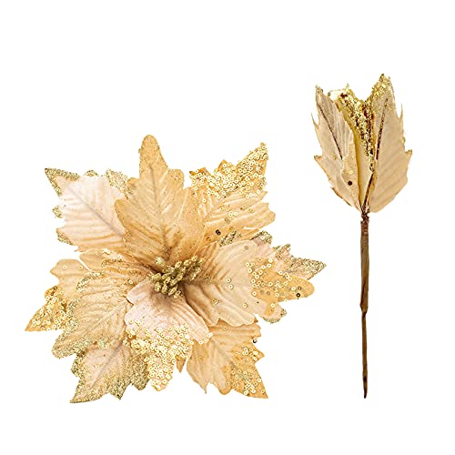 LEMCC 10 große Weihnachtsstern-Picker 25 cm künstliche goldene Weihnachtsblumen Glitter Weihnachtsstern Weihnachtsbaum Glitzer Blumen Dekorationen Ornamente für Weihnachtsbaum Kranz von LEMCC