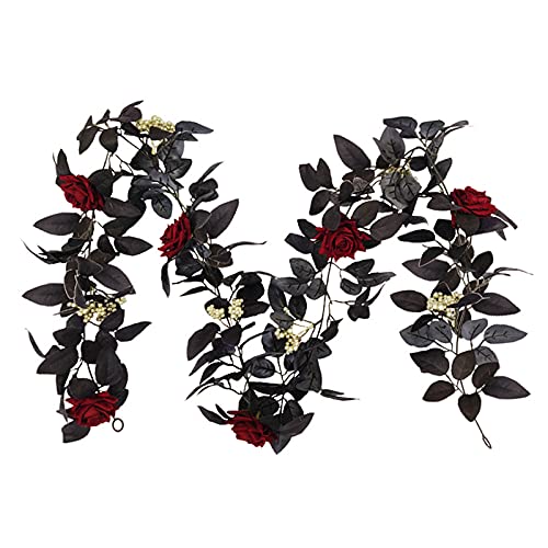 LEMCC 180 cm künstliche schwarze Rose Ranke Halloween schwarze Blätter Girlande mit Rose Blume Beeren hängende schwarze Seide Blumengirlande für Zuhause Hochzeit Party Kamin von LEMCC