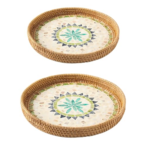 LEMCC 2 Runde Rattan-Tabletts mit Perlmutteinlage, Rattan-Serviertablett mit Holzsockel, Dekorativer Weidenkorb für Tischdekoration, Aufbewahrung und Präsentation von Kaffee, Brot,(Limettengrün) von LEMCC