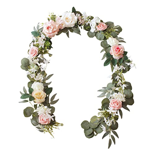 LEMCC 2 m künstliche Rosen-Blumengirlande, rosa Rosenranken mit grünen Blättern, hängende Rose, Efeu, für Hochzeit, Party, Zuhause, Wand, Garten, Tischdekoration von LEMCC