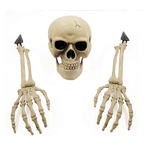 LEMCC 3 Stück Halloween Skelett Kopf Hände mit Pfählen Gruselige Skelettknochen und Totenkopf Halloween Realistische Skelettpfähle für Friedhof Rasen Garten Hof Spukhaus von LEMCC