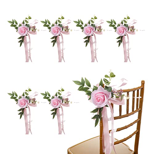 LEMCC 6PCS Hochzeit Stuhl Blume Dekorationen Künstliche Pfingstrosen Blumen mit Bändern für Hochzeitszeremonie Empfang, Hochzeit Gang Blume Dekorationen für Kirche Stuhl Bank von LEMCC