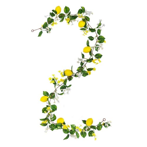 LEMCC Künstliche Zitronengirlande, Künstliche Fruchtrankengirlande mit Gelber Zitrone, Frühlings- und Sommergrüngirlande, Kranz für Haustür, Wand, Kaminsims, Hochzeit, Party,(Weniger Blätter) von LEMCC