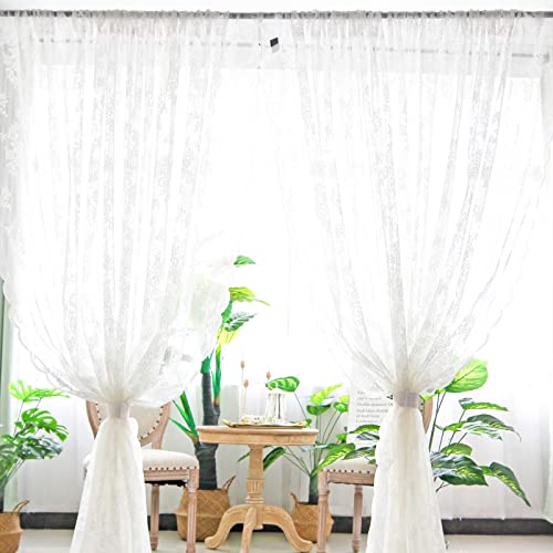 LEMCC Weiße Spitzenvorhänge, 2 Paneele, 1,5 x 2,3 m lang, romantische Rosenblüten-Spitzenvorhänge, Vintage-Stil, durchsichtige Fensterpaneele, Vorhänge für Küche, Schlafzimmer, Wohnzimmer von LEMCC