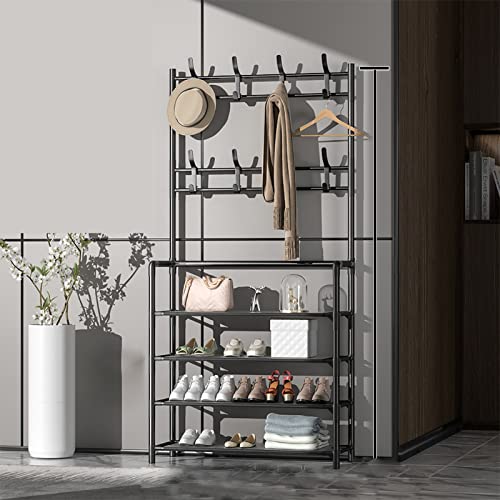 Moderner Garderobenständer, Standgarderobe, Schuhregal und Kleiderbügel für Den Eingangsbereich, Flurbaum mit Schuhbank, Aufbewahrungsregal Zum Aufhängen von Kleidung und(80 cm, 4-lagig, Schwarz) von LEMCC