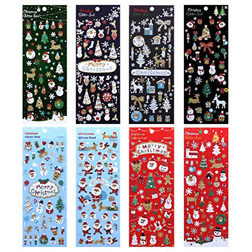 LEMESO 8 Blätter Weihnachtssticker Selbstklebend Glitzer Weihnachtsaufkleber für Scrapbooking Verpackung Dekoration von LEMESO