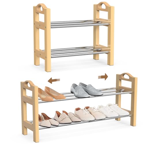 LEMIKKLE Schuhregal, 2-lagiges erweiterbares schuhschrank aus Holz, kleines Schuhregal schmal für Enge Räume, Garage, Schlafzimmer, Garderob, Shoe Rack von LEMIKKLE