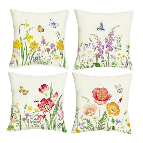 4er Set Kissenbezüge Blumen Garten,45 x 45 cm Dekorative Kissenhüllen mit Blumen und Schmetterlingen,für Sofa,Schlafzimmer Wohnzimmer,Outdoor-taugliche Zierkissenbezüge aus Polyester Leinen 4er Set Kissenbezüge Blumen Garten,45 x 45 cm Dekorative Kissenhüllen mit Blumen und Schmetterlingen,für Sofa,Schlafzimmer Wohnzimmer,Outdoor-taugliche Zierkissenbezüge aus Polyester Leinen von LEMLIN