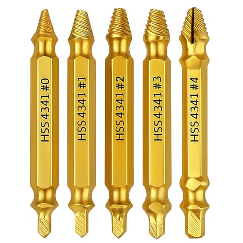 5-teiliges Schraubenausdreher Set Profi aus HSS 4341,Linksausdreher-Set mit Schraubenlöserfunktion für beschädigte Schrauben,Titannitrid-beschichtete Goldfarbene Extraktoren 5-teiliges Schraubenausdreher Set Profi aus HSS 4341,Linksausdreher-Set mit Schraubenlöserfunktion für beschädigte Schrauben,Titannitrid-beschichtete Goldfarbene Extraktoren von LEMLIN