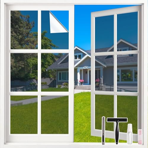 LEMON CLOUD Spiegelfolie Silber - Sonnenschutzfolie Fenster innen, Sichtschutz Fensterfolie von aussen Blickdicht Durchsichtig, Statische Selbstklebend, 44,5 X 200 cm mit Werkzeug von LEMON CLOUD