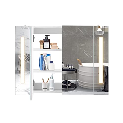 LEMROE Beleuchtete Badezimmer Spiegelschränke mit LED Leuchten Weiß Badezimmer Wandschränke mit 5/3 verstellbaren Ablageflächen (2 Türen) von LEMROE