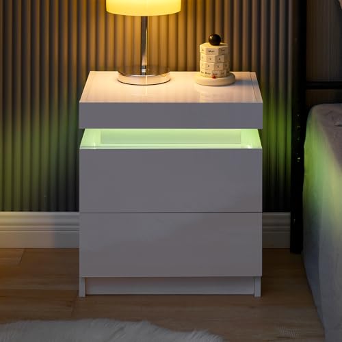 LEMROE Nachttisch mit Hochglanz-Fronten und verstellbaren 16 Farben, USB-LED-Leuchten, Schlafzimmer-Aufbewahrungseinheit mit 2 Schubladen, Kommode für Zuhause, Schlafzimmer, Wohnzimmer (weiß) von LEMROE