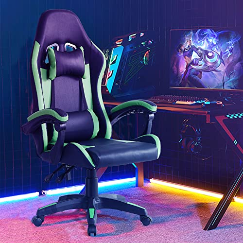 LEMROE Professionelle Videospielstühle Kunstleder Gaming Stuhl mit hoher Rückenlehne und Fußstütze, 360 Grad drehbarer Schaukelstuhl für Home Office (Grün) von LEMROE