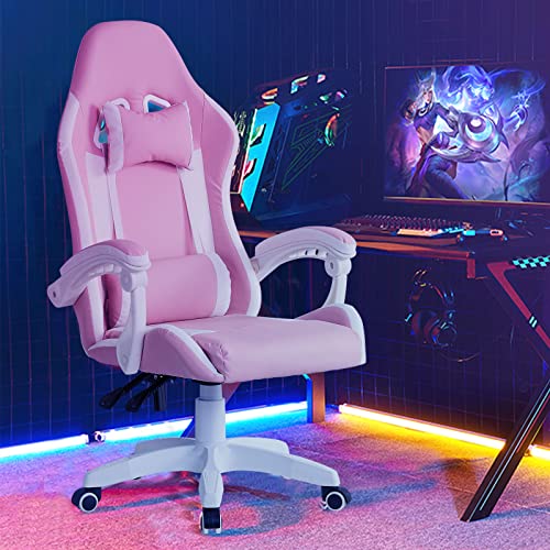 LEMROE Professioneller Videospiel-Stuhl aus Kunstleder mit hoher Rückenlehne und Fußstütze, 360 Grad drehbar, Schaukelstuhl für Zuhause und Büro (Rosa) von LEMROE