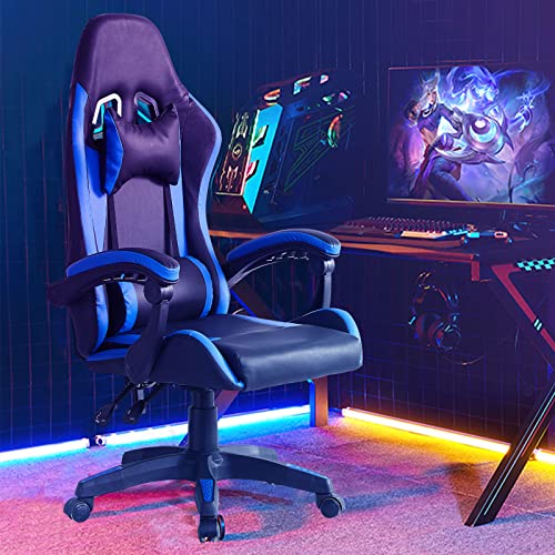 LEMROE Professioneller Videospiel-Stuhl aus Kunstleder mit hoher Rückenlehne und Fußstütze, 360 Grad drehbar, Schaukelstuhl für Zuhause und Büro (blau) von LEMROE