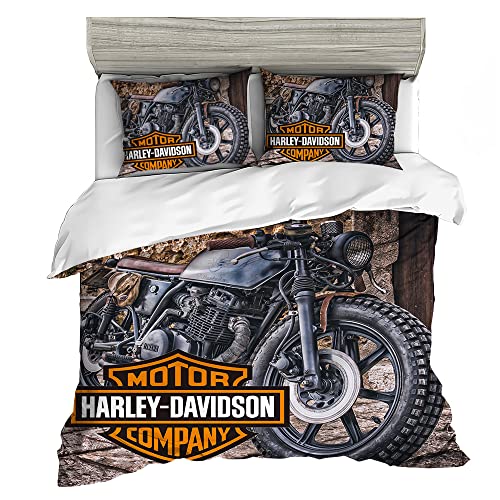 LEMSM 3D Digitaldruck Davidson Motiv Bettbezug, Weicher und Bequemer Mikrofaser, Harley Motorrad Bettwäsche 155x220cm Harley Motorrad Bettbezug Set und 2 Kissenbezug 80x80cm - HD5 von LEMSM