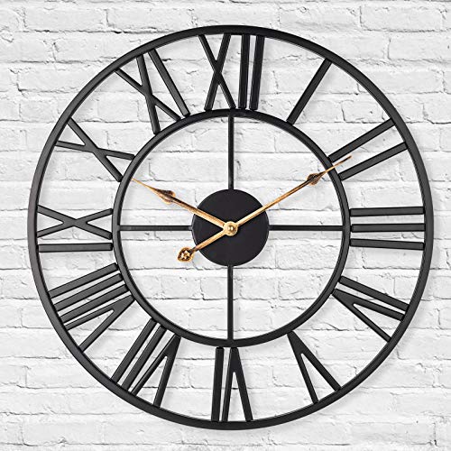LENAUQ Leise Metall-Skelett-Wanduhr, 47 cm, europäisches Bauernhaus-Vintage-Uhr mit römischen Ziffern, nicht tickend, batteriebetrieben, hängende Wanduhr für Zuhause, Küche, Hotel, Büro (schwarz) von LENAUQ